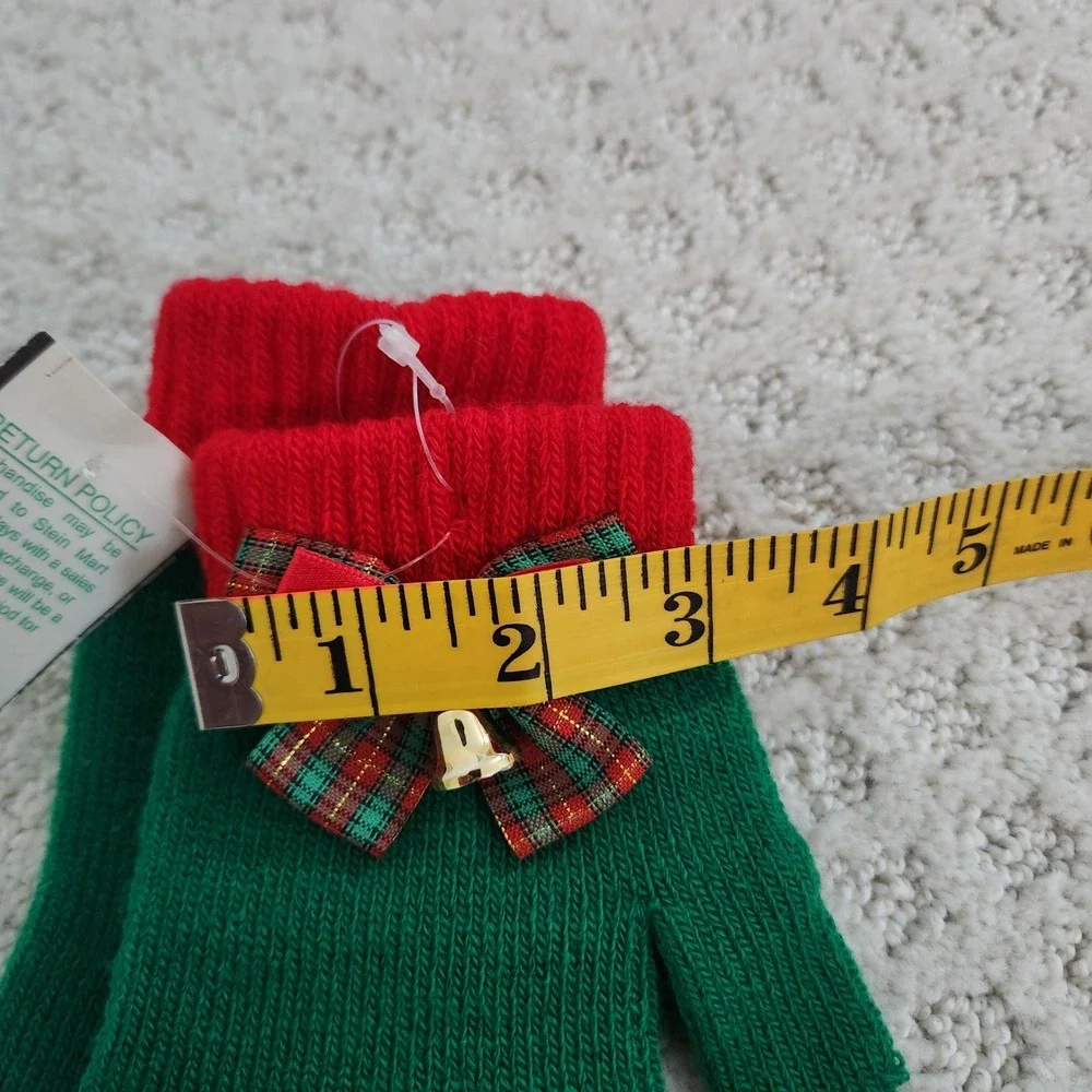 Christmas Gloves Green Red Plaid Bow Jingle Bell One Size NWT